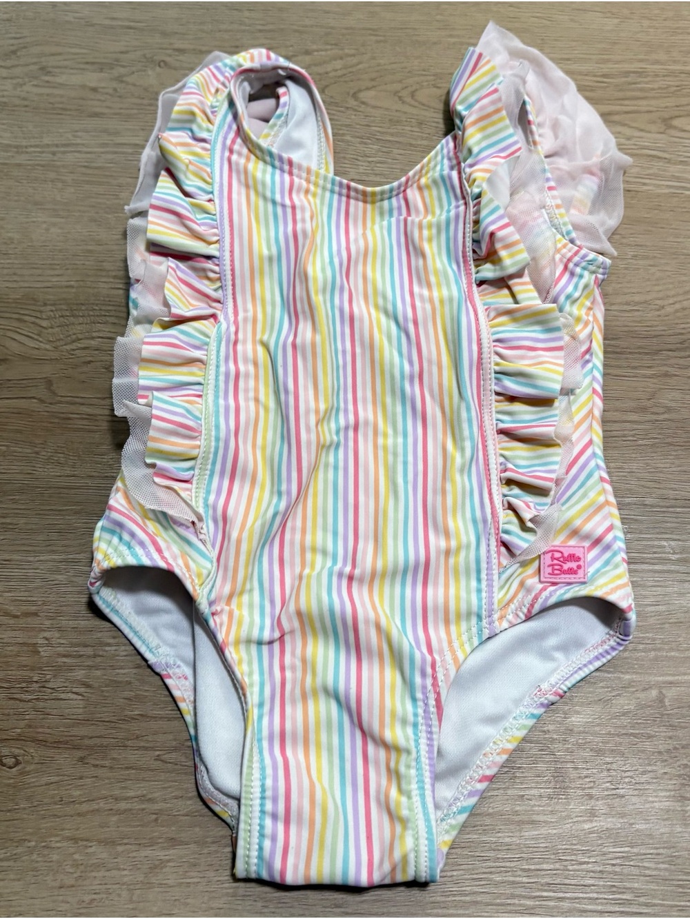 Ruffle One-Piece Kids Swimsuit - Pastel Rainbow Stripe